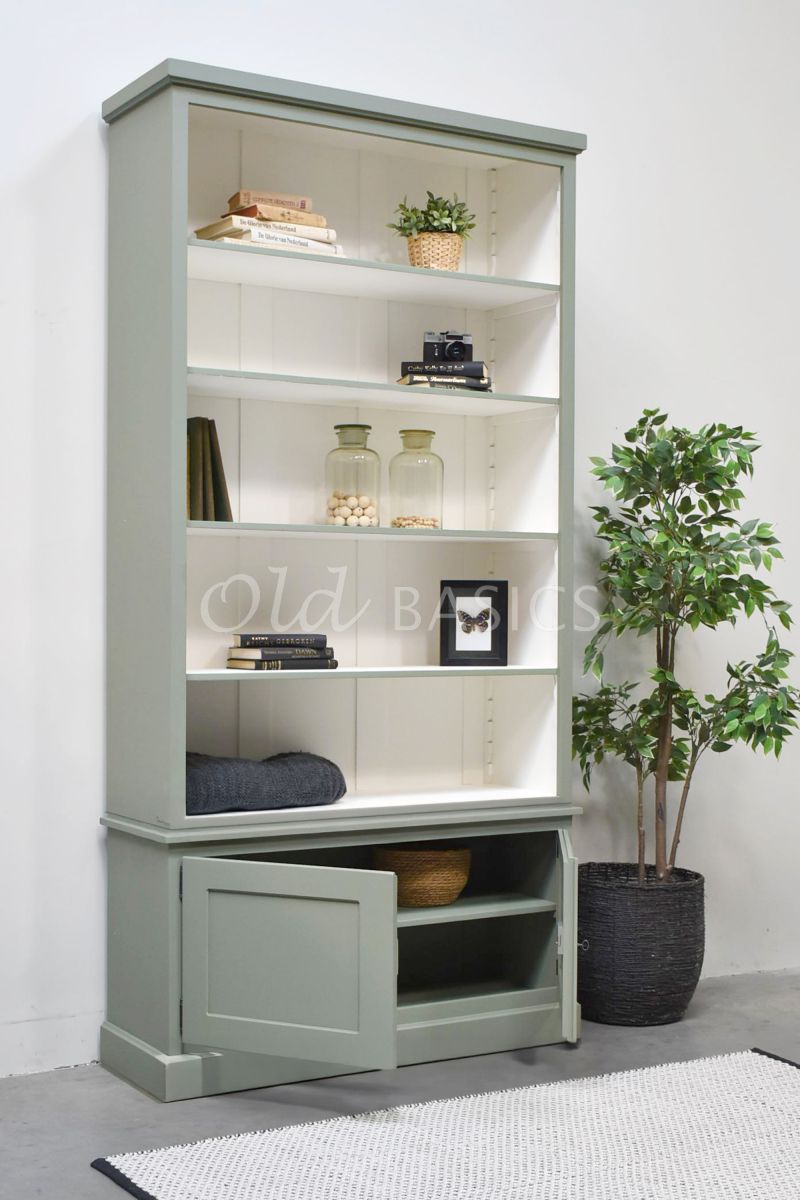 Detail van Boekenkast Monaco, RAL7033, groen, grijs, materiaal hout